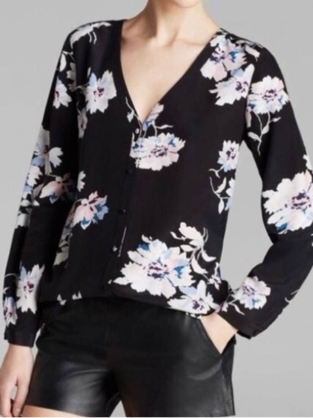 Joie Black Floral V-Neck Button Blouse